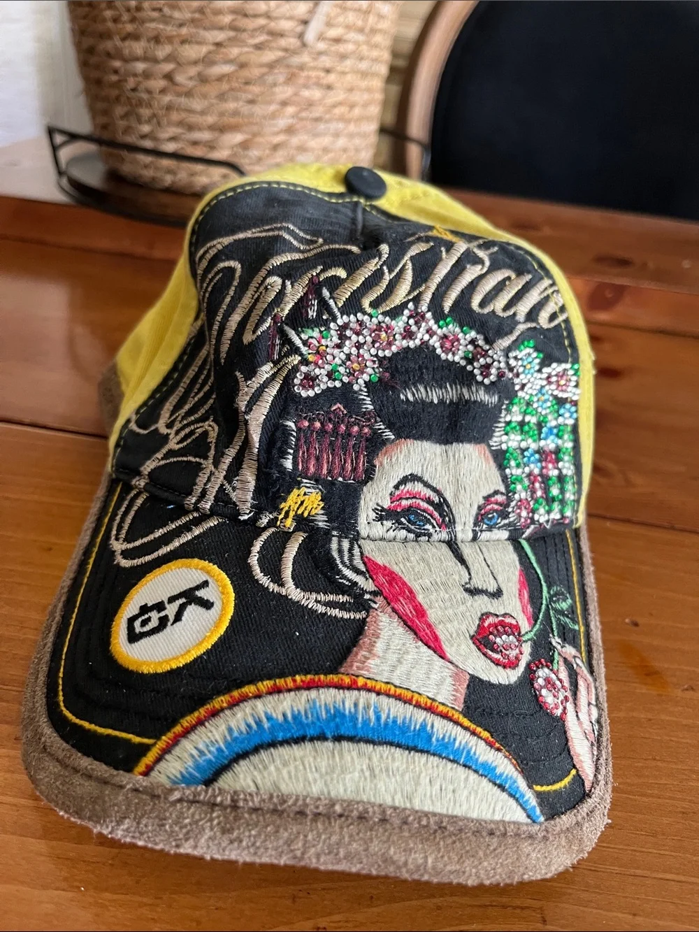 Christian Audigier Yellow and Black Embroidered Graphic Baseball Cap